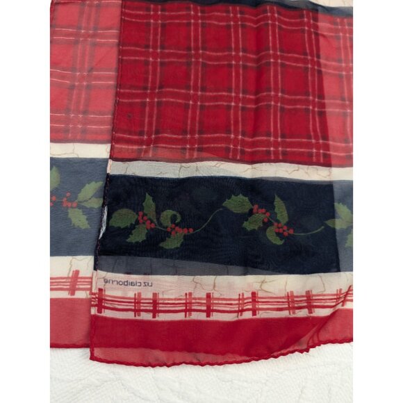 Vtg Liz Claiborne Scarf Rectangle Holly Christmas themed sheer 53"x 9.75"  READ - Picture 3 of 9